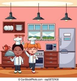 Chef kids at kitchen. Chef kids cooking at kitchen cartoons vector  illustration graphic design. | CanStock
