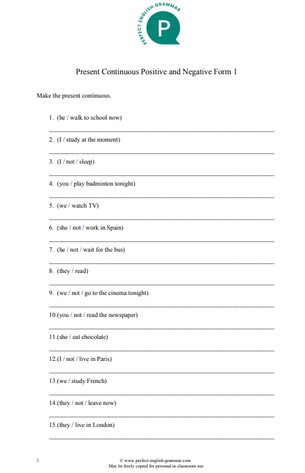 Present Continuous Positive and Negative Form 1 - Tài liệu, giáo án điện tử