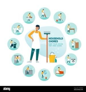 Happy woman standing with cleaning equipment and household chores icons,  housekeeping and lifestyle concept Stock Vector Image & Art - Alamy